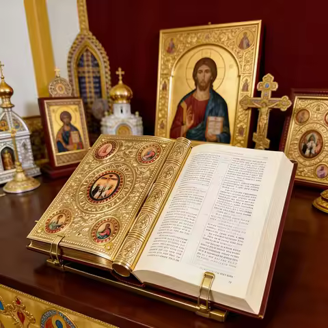Vintage Gold Plated Orthodox Holy Gospel Book with Enamel Saint Icons for Church Liturgy Home Altar 
