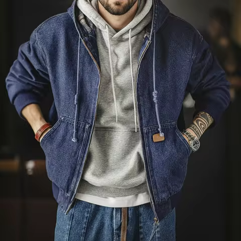 Maden Retro Men's J130 10.5oz Denim Jacket Heavyweight Washed Aged Hooded Jacket Zipper Work Coat wi
