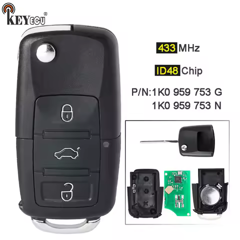 KEYECU 434MHz ID48 Chip 1K0 959 753 G / 1K0 959 753 N 3 Button Flip Remote Key Fob for Volkswagen, f
