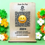 Qr Code Display Stand Wood Kayu High Quality plywood Engrave duitnow touch n go e wallet