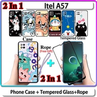 2 IN 1 Case Itel A57 A57 Pro Case with Tempered Glass Screen Protector Cat and Doraemon