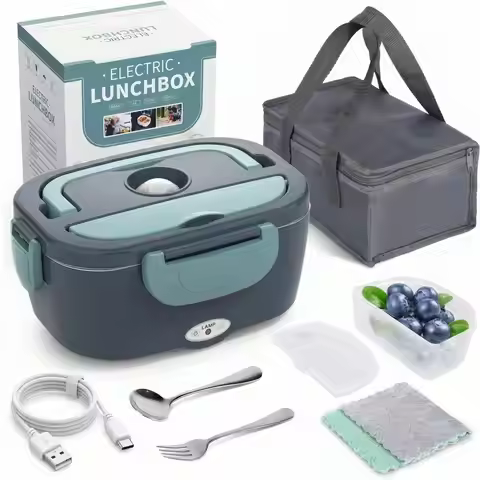 Electric Heating Lunch Box; 1.5L 304 Stainless Steel Dual Compartment Food Warmer, 12V Car Use, Port