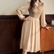 Vintage Elegant Women's Fitted Woven Splice Long Sleeve Dress, Khaki Color Flare Hem Tall Women Fall