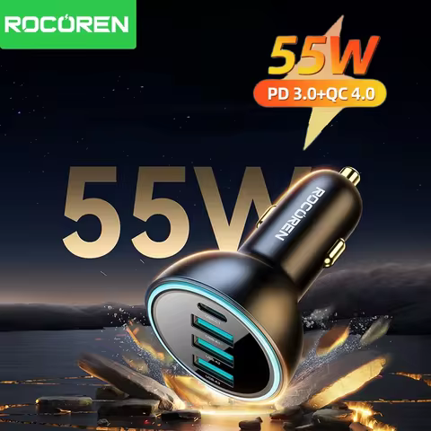 Rocoren 4 in 1 USB Type C 55W Car Charger QC3.0 Fast Charging Car Quick Charger Adapter for Car Audi