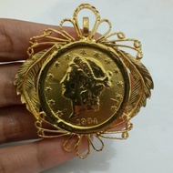 24k gold plated bird coin brooch pendant