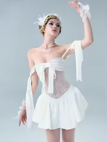 Weird Puss Patchwork Jacquard Dress Women Bandage Bow Decoration Draped Slash Neck Elegant Birthday 