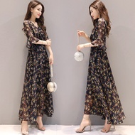[Ready Stock Fast Shipping] 2025 Summer New Style Slim-fit Floral Imitation Chiffon Dress Female Kor