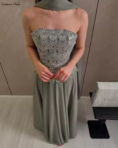 Contessa Custom Classic Evening Dress Strapless Beaded Bodice Robes De Soirée Sage Cape Shawl Brides