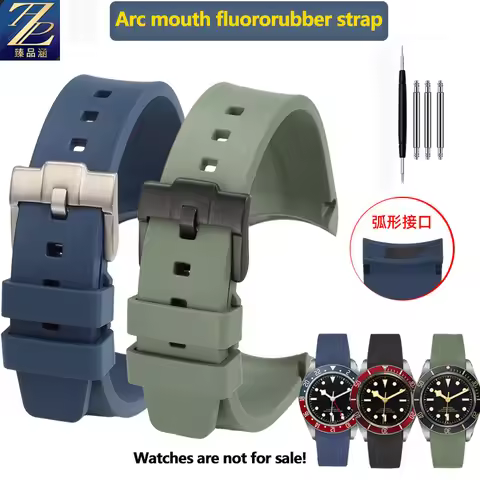 For Tudor 1958 Biwan 39mm series M79030N 79030 Curved end fluororubber watchband men's strap black /