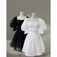 [High-Class Designer] Luxurious Party Back Knitting Puff Sleeve Dress In White / Black Short Form