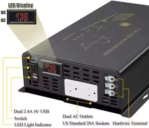 USB Port Pure Sine Wave Solar Inverter 3000W 24V 220V Generator Transformer Convert 12V/36V/48V/72V/