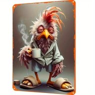 Charming Vintage Chicken in Slippers & Cup Metal Sign - 12x8" Retro Wall Art for Home Bar Cafe and G
