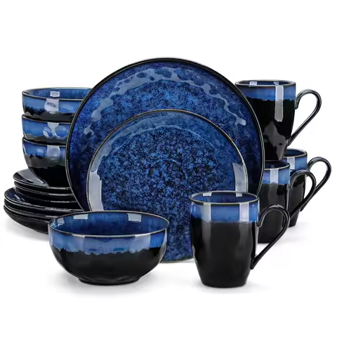 vancasso 16/32/48-Piece Starry Blue Dinner Set,Kiln Change Glaze Tableware Dinner Set with Dinner Pl