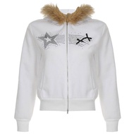 Y2K Millennium Spicy Girl Retro Rhinestone Fur Trim Hoodie Womens Autumn Winter Short Style Slim Fit