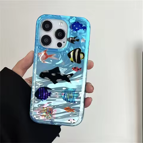 Ins Korean Ripple Texture Aquaria Lovely Fishes Case for iPhone 15 14 13 11 Pro Max Marine Animals S