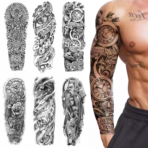 Waterproof Temporary Tattoo Sticker Large Size Tattoo for Men Sleeve Clock Fake Tattoo for Women Gir