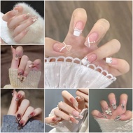 【24pcs】24/Pcs DIY Fake Nails French Finger Nail Art False Nail Rhinestone Pearl Fake Nails