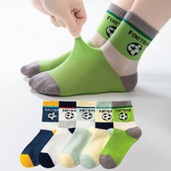 5 Pairs Boys' Soccer Print Breathable, Moisture-Wicking Thin Sports Socks, Suitable For Spring And S