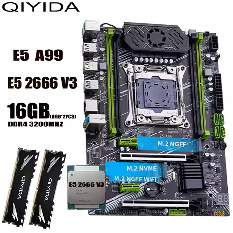 QIYIDA X99 Motherboard Set Kit Xeon E5 2666 V3 CPU LGA 2011-3 Processor 16GB=2*8GB DDR4 3200Mhz RAM 