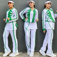 Set Olahraga Rok Sunseries Putih List Toska Setelan Baju Senam Training Panjang Hijab Muslim