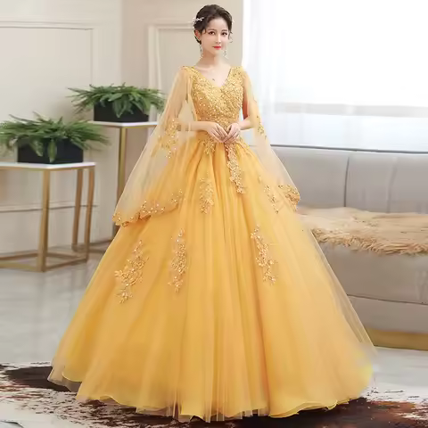 New Gold Embroidery Long Puffy Dress Host Performance Graduation Dress Birthday Party Bride Bridesma