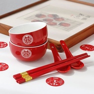 喜碗结婚对碗红色喜筷喜勺套装送新人陪嫁用品改口敬茶杯一对婚碗Happy Bowl Wedding Pair Bowl Red Happy Chopsticks Happy Spoon Set Free