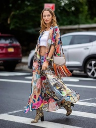 Beach Cover-Ups Kimono สีแดงผู้หญิง Boho พิมพ์ Tuics Beach ชุด Sarong Kaftans 2023ฤดูร้อน Casual Vac