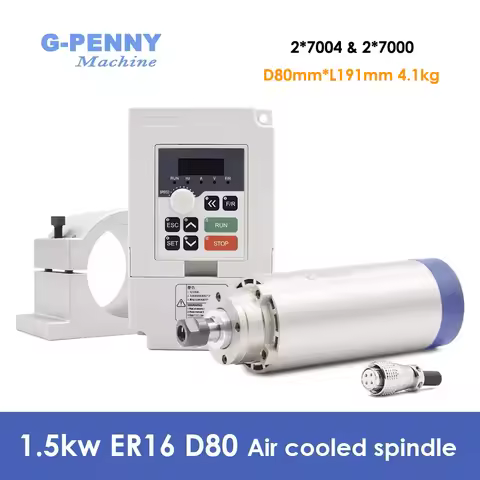 G-Penny DIY 1.5kw ER16 Air Cooled Spindle Motor Kits 110/220v D=80mm 4pcs 7series Bearings 0.01mm & 