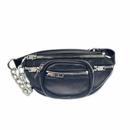 alexander wang亞歷山大王 亞歷山大王 attica 標誌性機車銀鍊拼皮肩帶 羔羊皮 單肩斜挎包胸包腰包 迷你 黑色