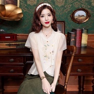 Chinese style embroidered short-sleeved shirt 2025 中式国风刺绣短袖衬衫小衫2025新款不规则盘扣上衣短款DST24