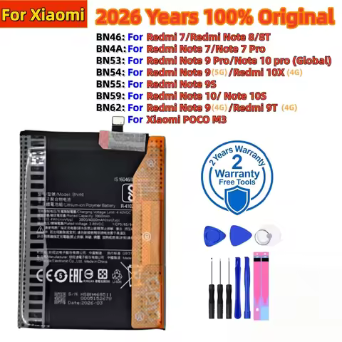 2026 Years 100% Original BN62 BN53 BN59 Battery For Xiaomi Redmi Note 7 8 8T 9 9T 9S 10 10S 10X 4G 5