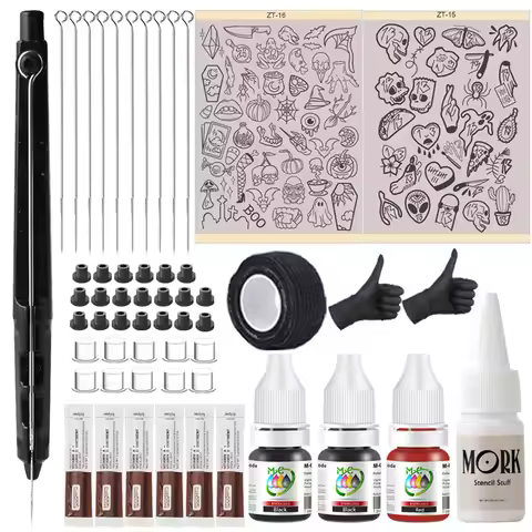 Complete Hand Poke and Stick Tattoo Set With Tattoo Ink, Needles, Poke Needles Holder Pen And Transf