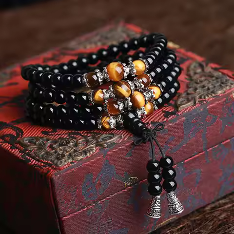 108 Onyx with Tiger's eye Bracelet Black Onyx Stone Tibetan Buddha Bracelet for Women Men Jewelry Ha