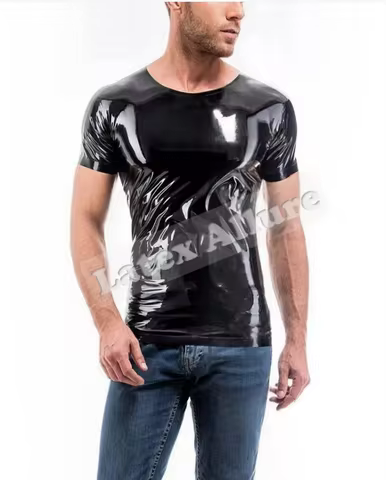 Handmade Latex Men T-shirt short sleeve latex tights tops black latex t-shirt tee by 0.4mm natural l