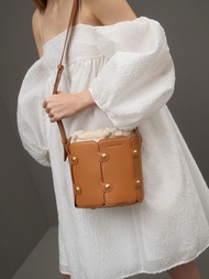 Charles & Keith Studded Drawstring Bucket Bag - Cognac