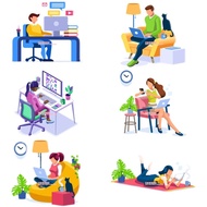 A0885 Vector AI Design Material Flat Character Home Office Coffee Notebook Cat Life Time