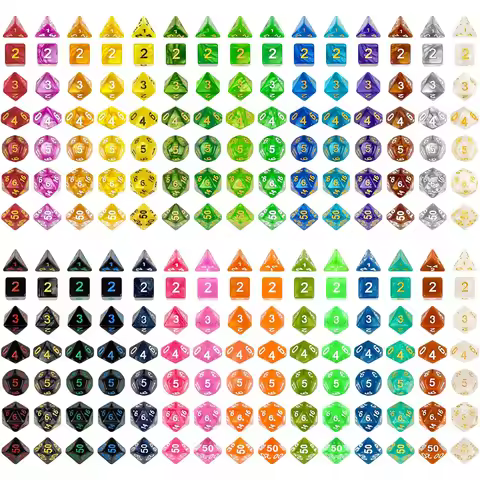 49Pcs Polyhedral Dice Set with 7 Black Drawstring Pouches - 7 Complete Sets D4 D6 D8 D10 D% D12 D20 