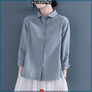 LAHSTORE women's loose long-sleeved linen shirt with youthful lotus collar ASM22 (Blue)
