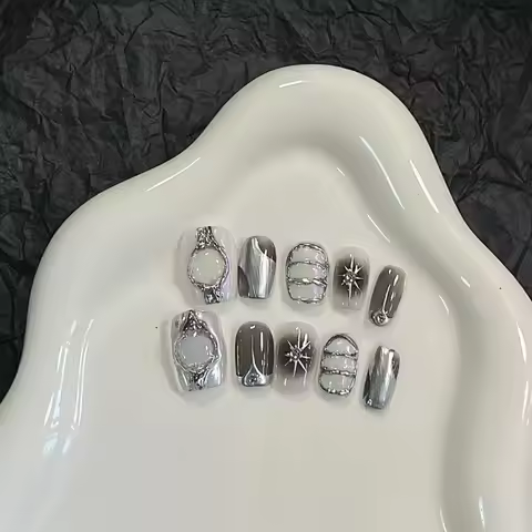 Y2k Metallic Style Handmade Wearable Nails Black Pink Hottie Fake Nails Super Cool Short Press-on Na