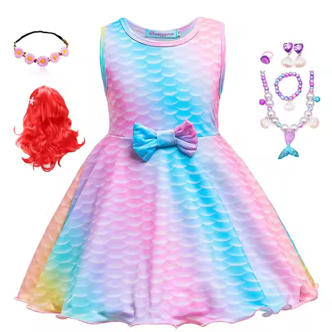 Rainbow Princess Ariel Mermaid Dress Kids Ariel Costumes Tutu Dress for Girl Party Halloween Prined 