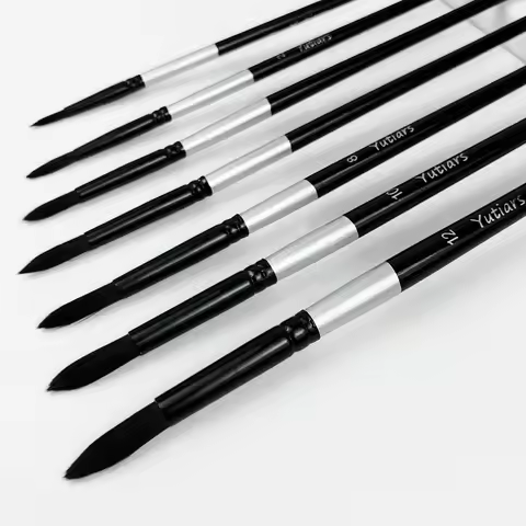 7Pcs Squirrel Hair Brush Set - Round/Pointed Tips for Gouache/H2O | Beginner Artist Kit w/Wood Handl