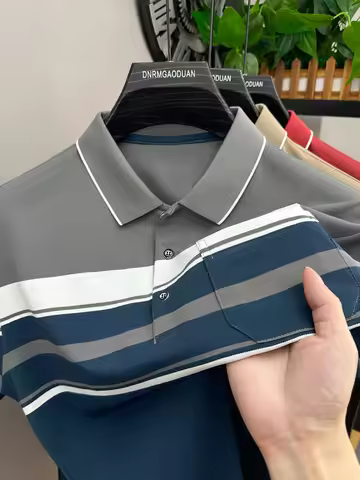 Men's Polo Shirt, Casual Short-Sleeved Sports Golf Shirt, with Color-Woven Stripe Design and Pocket