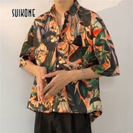 Suikone เสื้อพิมพ์ลายแขนสั้นผู้ชายวินเทจญี่ปุ่นเสื้อเชิ้ตชายหาดฮาวาย เสื้อสงกรานต์2567