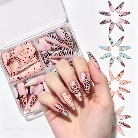 96Pcs Leopard/Zebra Print Fake Nails Long Stiletto False Nails with Cute Patterns Y2K False Nails Ac