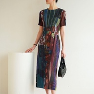 ✑▦◎ Aiden001 Average Size Summer Pleated Print Mid-Length Back Slit Dress (With Belt) 7391