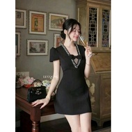 V-neck dress with stone trim Bigsize 55-90kg