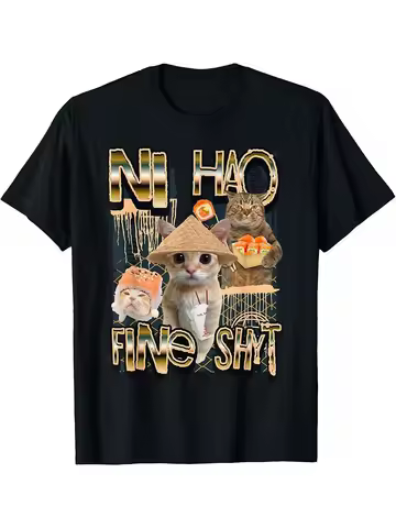 Ni Hao Fine Shyt Funny Brainrot Gen Z Meme T-Shirt, Cotton Unisex Graphic Retro Streetwear Crew-neck
