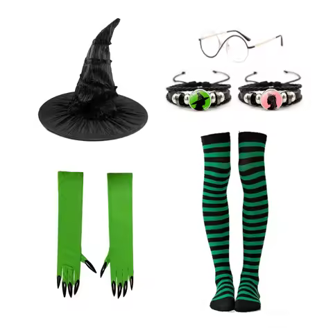 Elphaba Glinda Witch Hat Costume Accessories Glasses Green Gloves Striped Stockings Bracelet Adult H