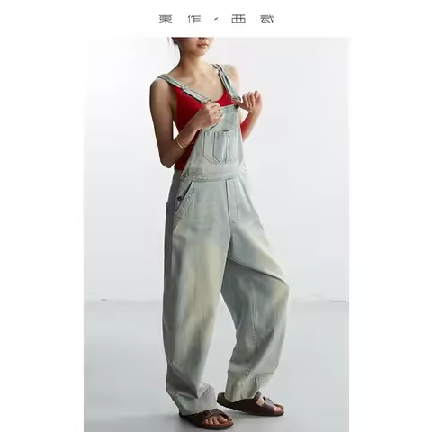 Age-Reducing, Laid-Back Style~ Women's Washed Light Blue Denim Overalls, Versatile Slim-Fit Straight
