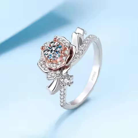 Rose Pronged 0.5Carat Moissanite VVS1 D Color Diamond Ring, Platinum PT950 Women Style Best Flower W
